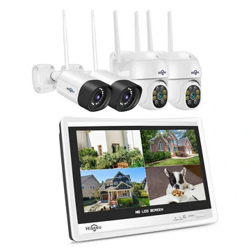 Hiseeu 4HC25 5MP 8CH Wireless CCTV Surveillance Camera System PTZ WiFi Camera with 12-inch Monitor Color Night Vision Two-way Audio Security Cameras Eseecloud APP Support Alexa