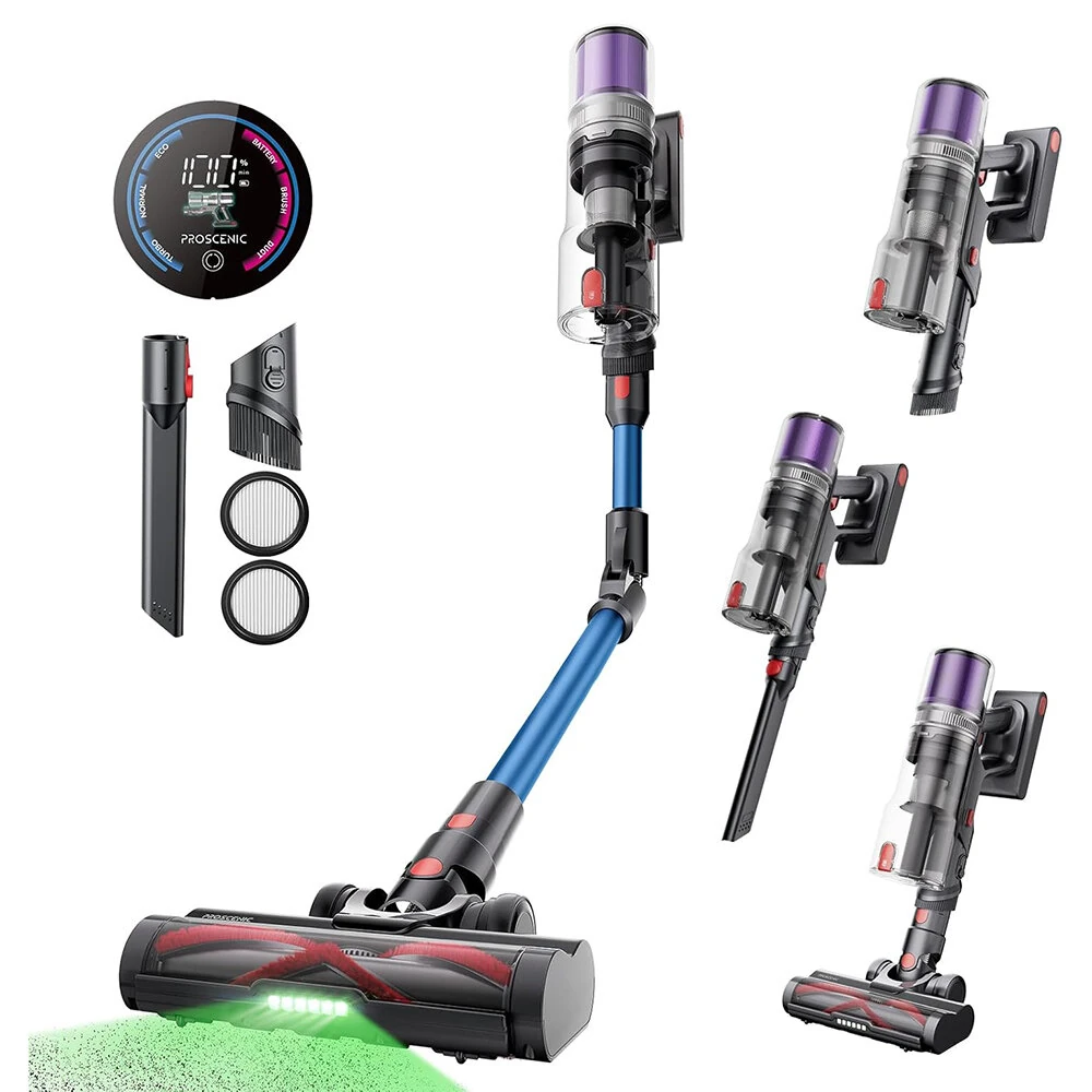 [EU Direct]Proscenic P16 Cordless Stick Vacuum Cleaner, 50Kpa 55Mins Runtime, 180°Bendable Wand, Green LED Headlight, Digital LED Display, Rechargeable Lightweight Stick Vacuum for Home