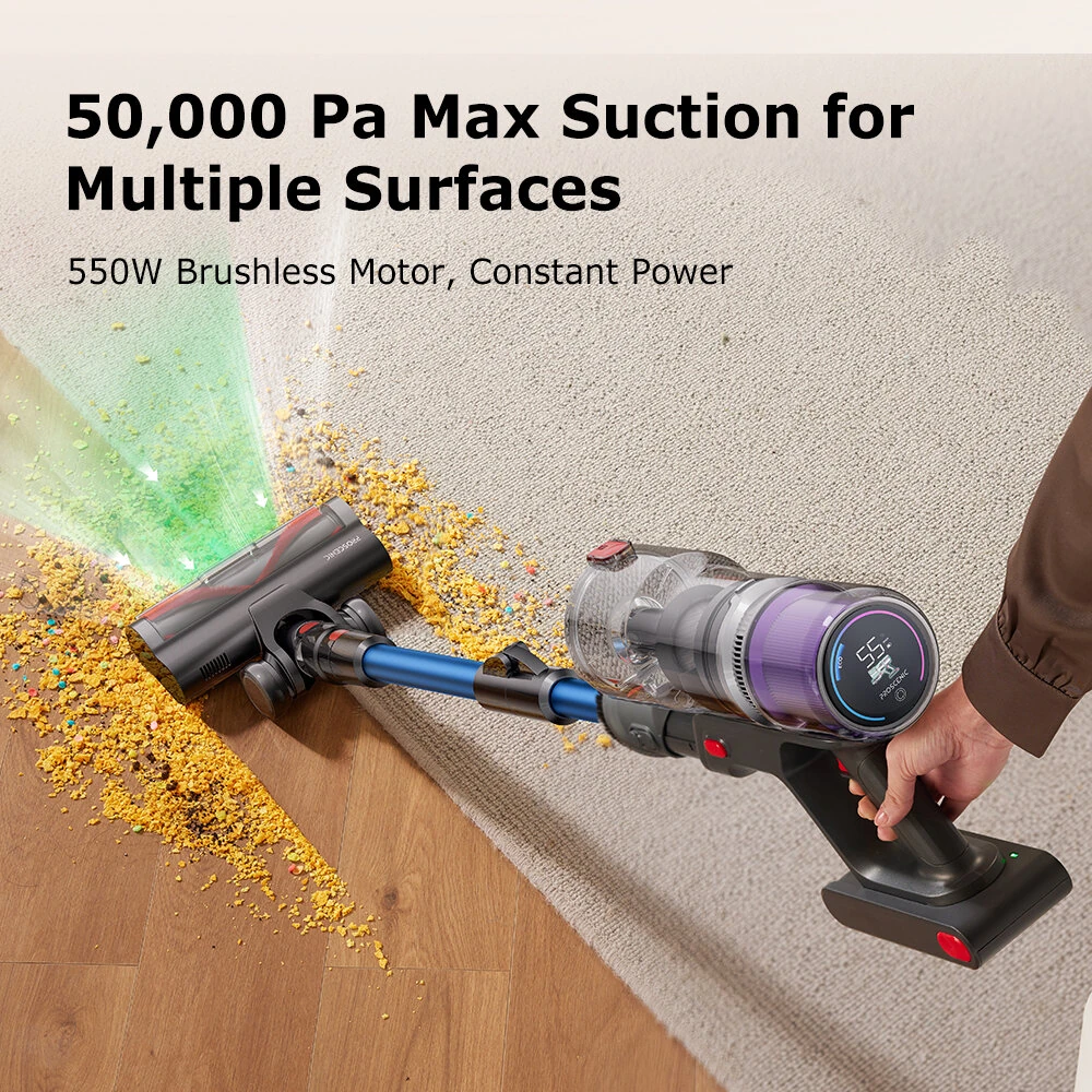 [EU Direct]Proscenic P16 Cordless Stick Vacuum Cleaner, 50Kpa 55Mins Runtime, 180°Bendable Wand, Green LED Headlight, Digital LED Display, Rechargeable Lightweight Stick Vacuum for Home