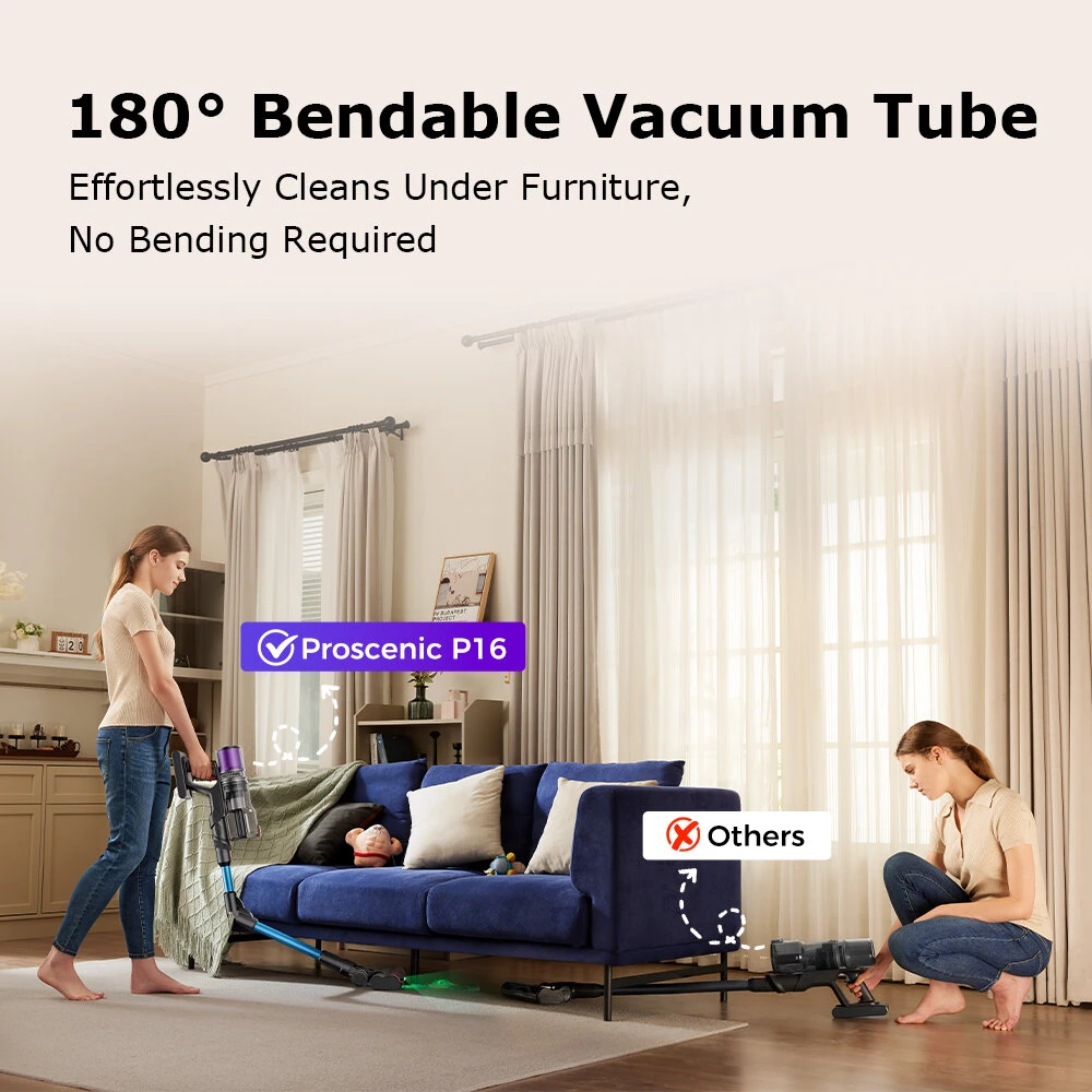 [EU Direct]Proscenic P16 Cordless Stick Vacuum Cleaner, 50Kpa 55Mins Runtime, 180°Bendable Wand, Green LED Headlight, Digital LED Display, Rechargeable Lightweight Stick Vacuum for Home