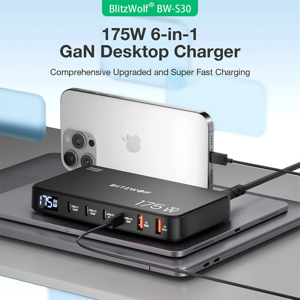 [GaN Tech] Blitzwolf® BW-S30 175W 6-Port USB PD Charger 4USB-C+2USB-A QC PD Digital Display Fast Charging Desktop Charging Station for iPhone 16 16 Pro 15 14 13 Pro Max for MacBook Pro for Airpods for Apple Watch