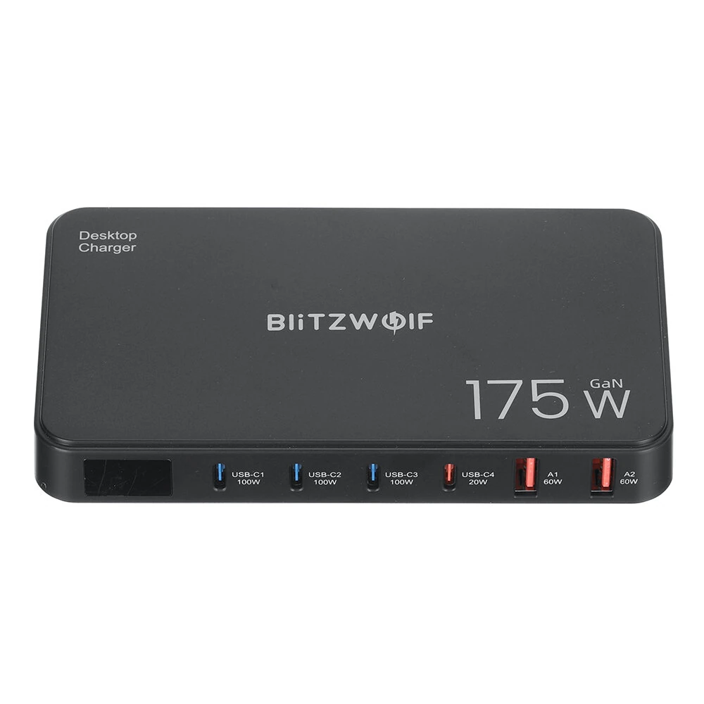 [GaN Tech] Blitzwolf® BW-S30 175W 6-Port USB PD Charger 4USB-C+2USB-A QC PD Digital Display Fast Charging Desktop Charging Station for iPhone 16 16 Pro 15 14 13 Pro Max for MacBook Pro for Airpods for Apple Watch
