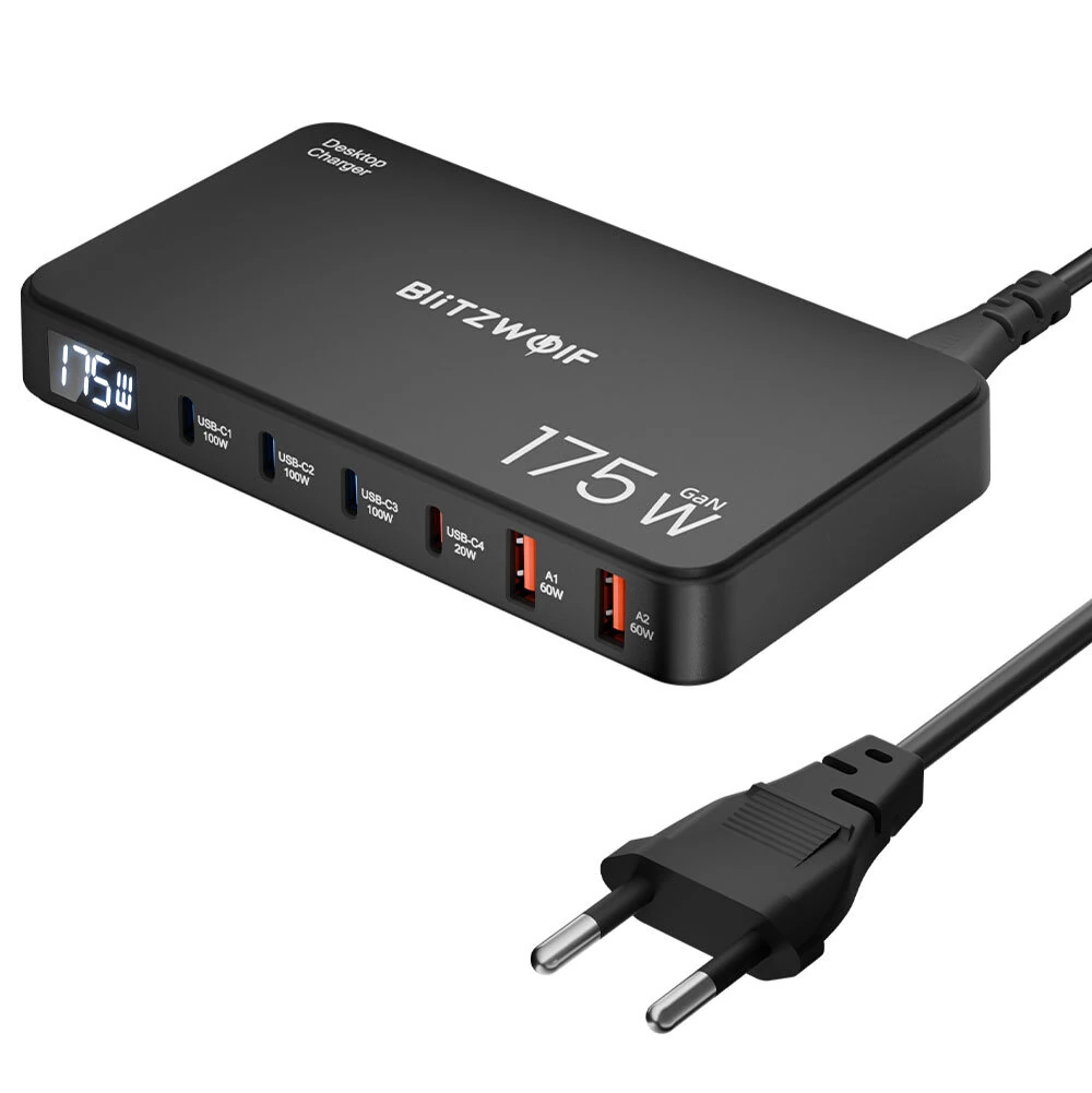 [GaN Tech] Blitzwolf® BW-S30 175W 6-Port USB PD Charger 4USB-C+2USB-A QC PD Digital Display Fast Charging Desktop Charging Station for iPhone 16 16 Pro 15 14 13 Pro Max for MacBook Pro for Airpods for Apple Watch
