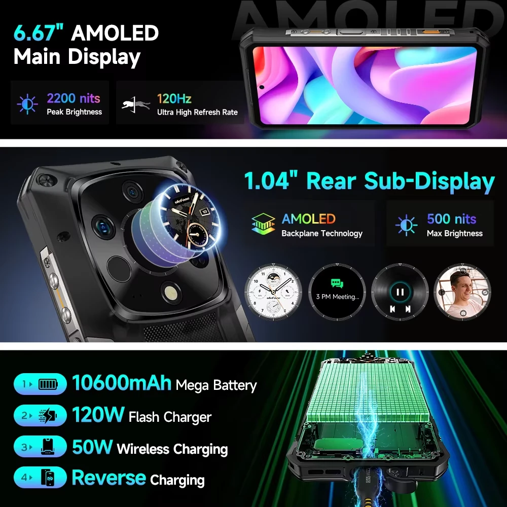 Ulefone Armor 28 Ultra 5G AI Thermal Imaging AMOLED Dual Display 32GB RAM 1TB ROM 50MP Triple Camera 64MP Night Vision Dimensity 9300+ 6.67 inch 120Hz 10600mAh 120W Fast Charge 50W Wireless Charge WiFi 7 NFC IP68 IP69K Waterproof Rugged Smartphone