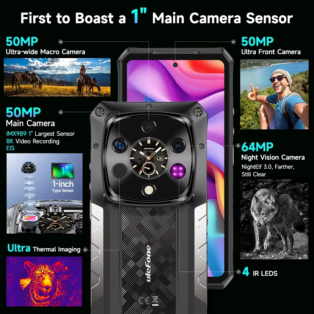 Ulefone Armor 28 Ultra 5G AI Thermal Imaging AMOLED Dual Display 32GB RAM 1TB ROM 50MP Triple Camera 64MP Night Vision Dimensity 9300+ 6.67 inch 120Hz 10600mAh 120W Fast Charge 50W Wireless Charge WiFi 7 NFC IP68 IP69K Waterproof Rugged Smartphone