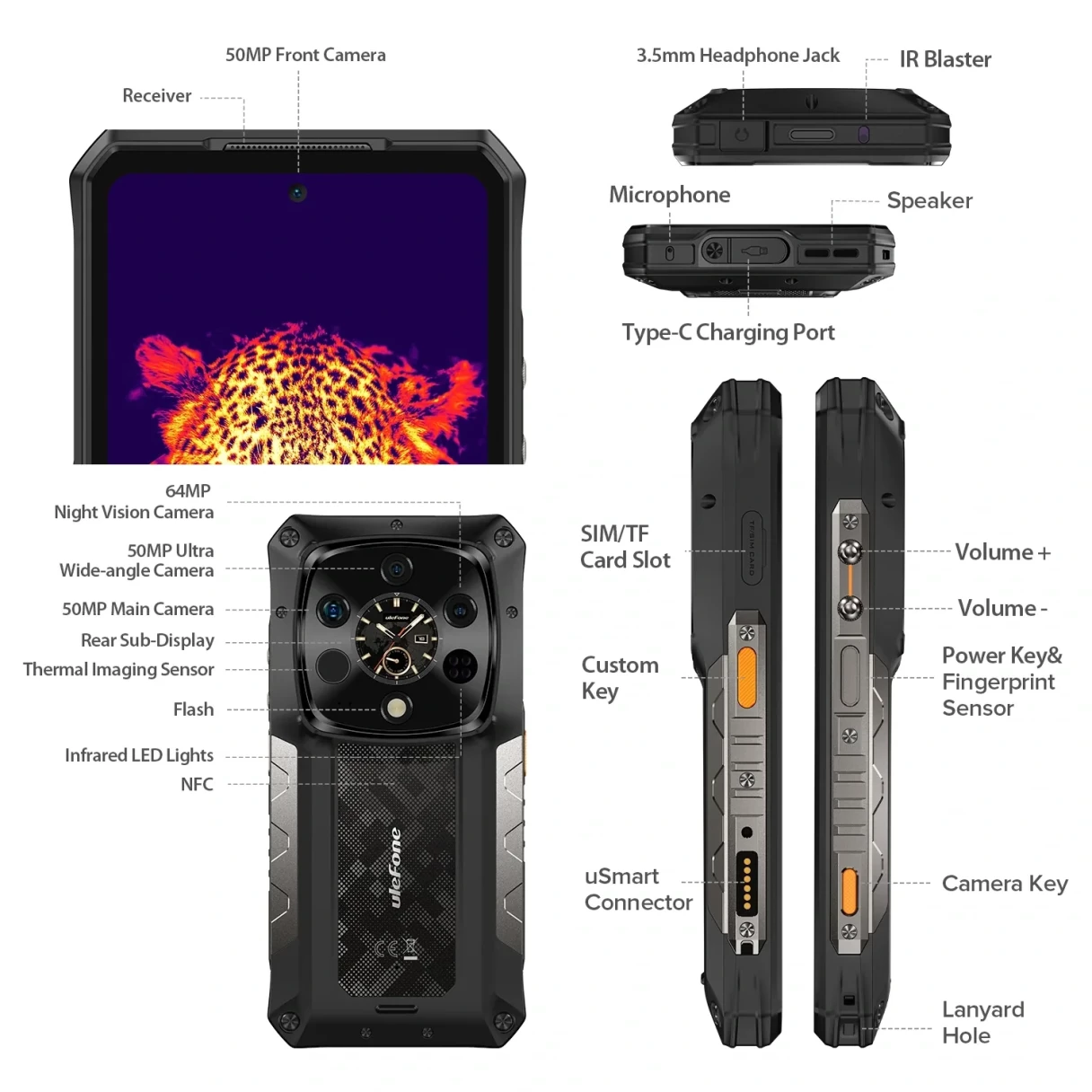 Ulefone Armor 28 Ultra 5G AI Thermal Imaging AMOLED Dual Display 32GB RAM 1TB ROM 50MP Triple Camera 64MP Night Vision Dimensity 9300+ 6.67 inch 120Hz 10600mAh 120W Fast Charge 50W Wireless Charge WiFi 7 NFC IP68 IP69K Waterproof Rugged Smartphone
