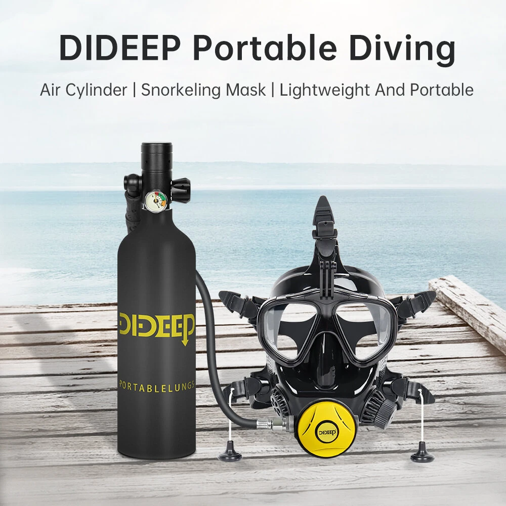 [EU Direct] DIDEEP 1L Mini Diving Scuba Tank Set with Snorkel Full Face Cover Air Pump Portable Oxygen Cylinder Diving Face Cover Underwater Breath System Automatic Air Compressor Optional