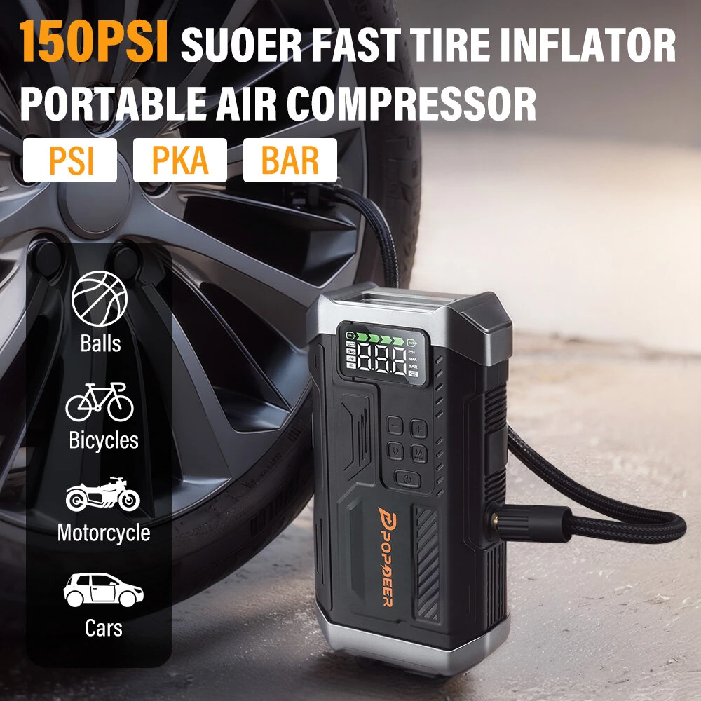 POPDEER PD-JA3 5000A 4-in-1 Emergency Jump Starter with Air Compressor (150PSI Tire Inflator) 12V Quick Charge 3.0 Jump Box LCD Display Flashlight Storage Case - Suitable for 10.0L Gas 8.0L Diesel Engines