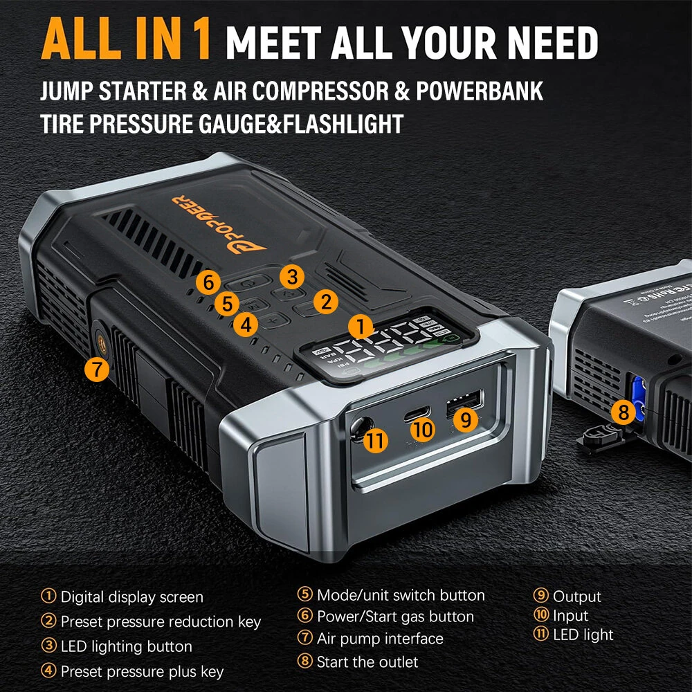 POPDEER PD-JA3 5000A 4-in-1 Emergency Jump Starter with Air Compressor (150PSI Tire Inflator) 12V Quick Charge 3.0 Jump Box LCD Display Flashlight Storage Case - Suitable for 10.0L Gas 8.0L Diesel Engines