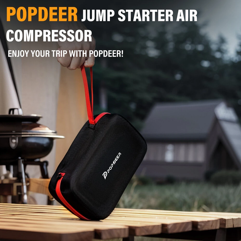 POPDEER PD-JA3 5000A 4-in-1 Emergency Jump Starter with Air Compressor (150PSI Tire Inflator) 12V Quick Charge 3.0 Jump Box LCD Display Flashlight Storage Case - Suitable for 10.0L Gas 8.0L Diesel Engines