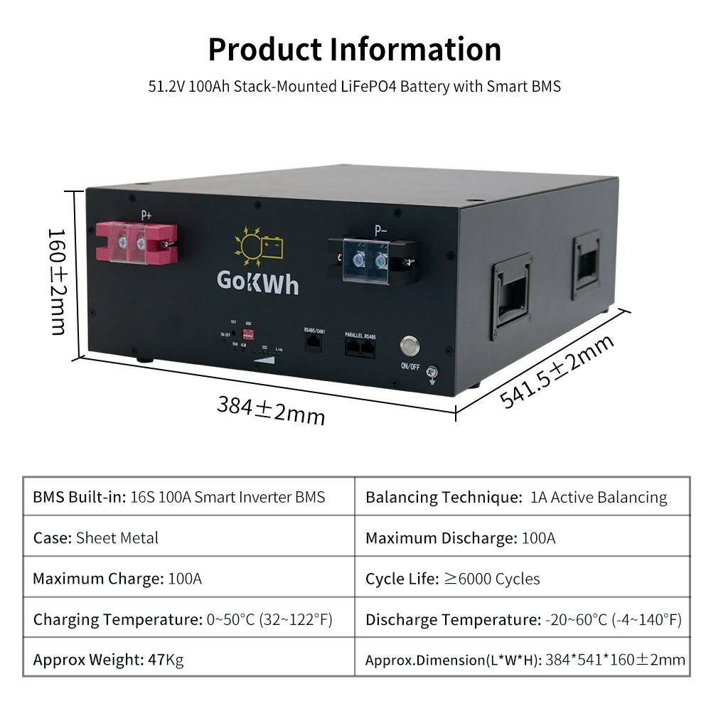 Gokwh 51.2V 100Ah 5120Wh LiFePO4 Energy Storage Battery with Bluetooth  Built-in BMS for Home Backup RV and Camping