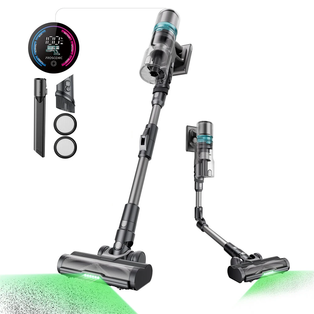 [EU Direct]Proscenic P16 Cordless Stick Vacuum Cleaner, 50Kpa 55Mins Runtime, 180°Bendable Wand, Green LED Headlight, Digital LED Display, Rechargeable Lightweight Stick Vacuum for Home