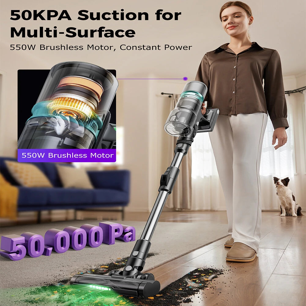 [EU Direct]Proscenic P16 Cordless Stick Vacuum Cleaner, 50Kpa 55Mins Runtime, 180°Bendable Wand, Green LED Headlight, Digital LED Display, Rechargeable Lightweight Stick Vacuum for Home