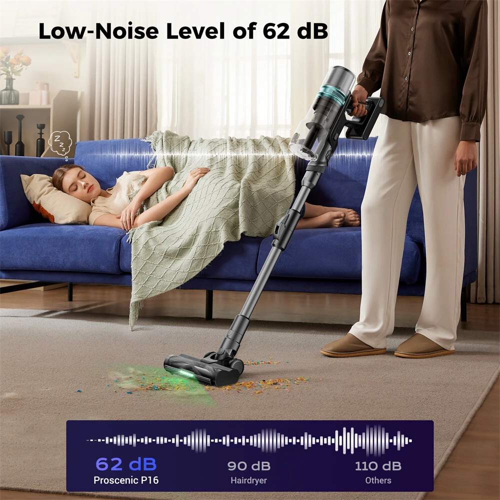 [EU Direct]Proscenic P16 Cordless Stick Vacuum Cleaner, 50Kpa 55Mins Runtime, 180°Bendable Wand, Green LED Headlight, Digital LED Display, Rechargeable Lightweight Stick Vacuum for Home