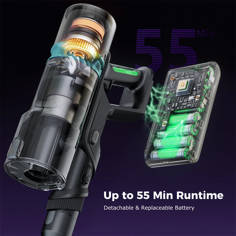 [EU Direct]Proscenic P16 Cordless Stick Vacuum Cleaner, 50Kpa 55Mins Runtime, 180°Bendable Wand, Green LED Headlight, Digital LED Display, Rechargeable Lightweight Stick Vacuum for Home