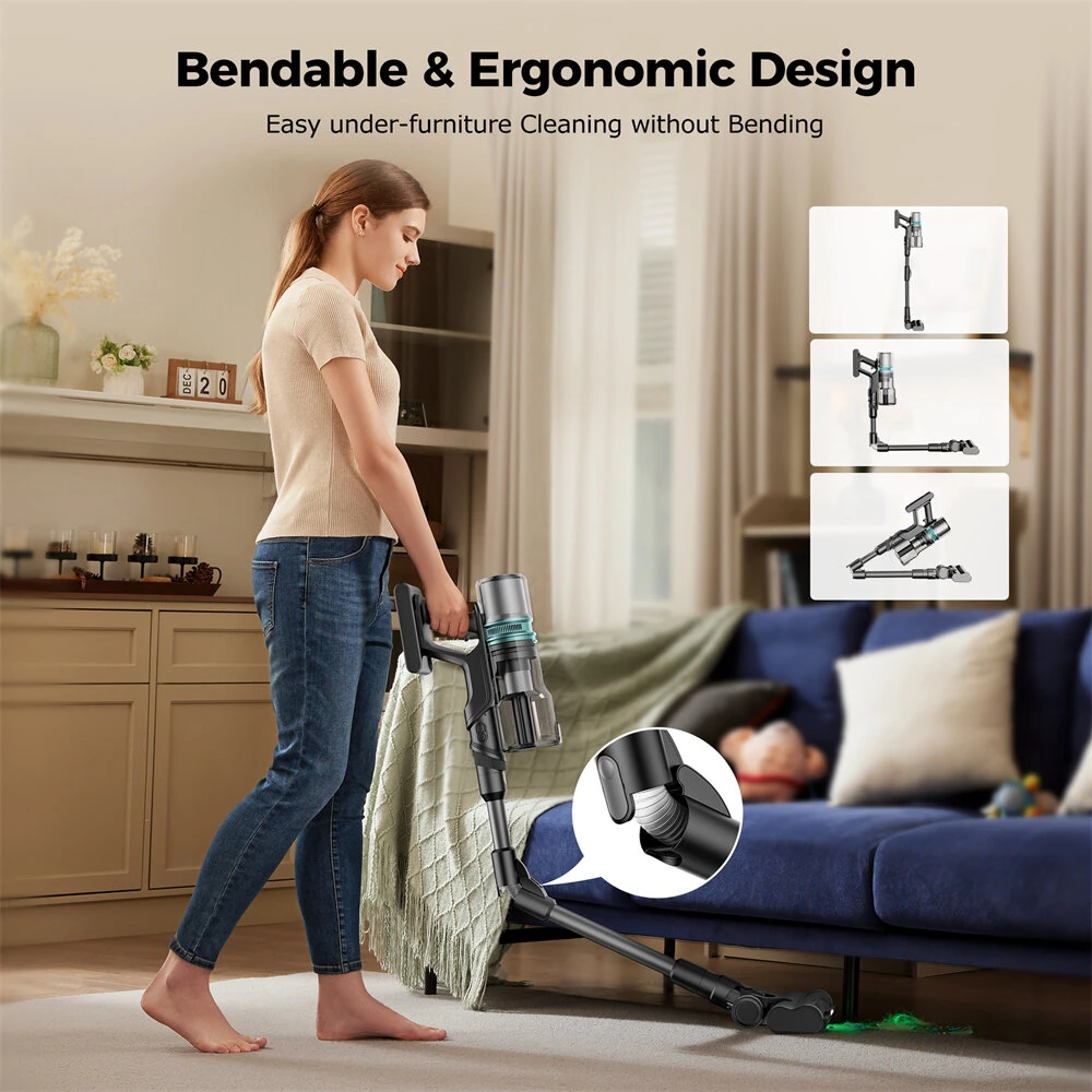 [EU Direct]Proscenic P16 Cordless Stick Vacuum Cleaner, 50Kpa 55Mins Runtime, 180°Bendable Wand, Green LED Headlight, Digital LED Display, Rechargeable Lightweight Stick Vacuum for Home