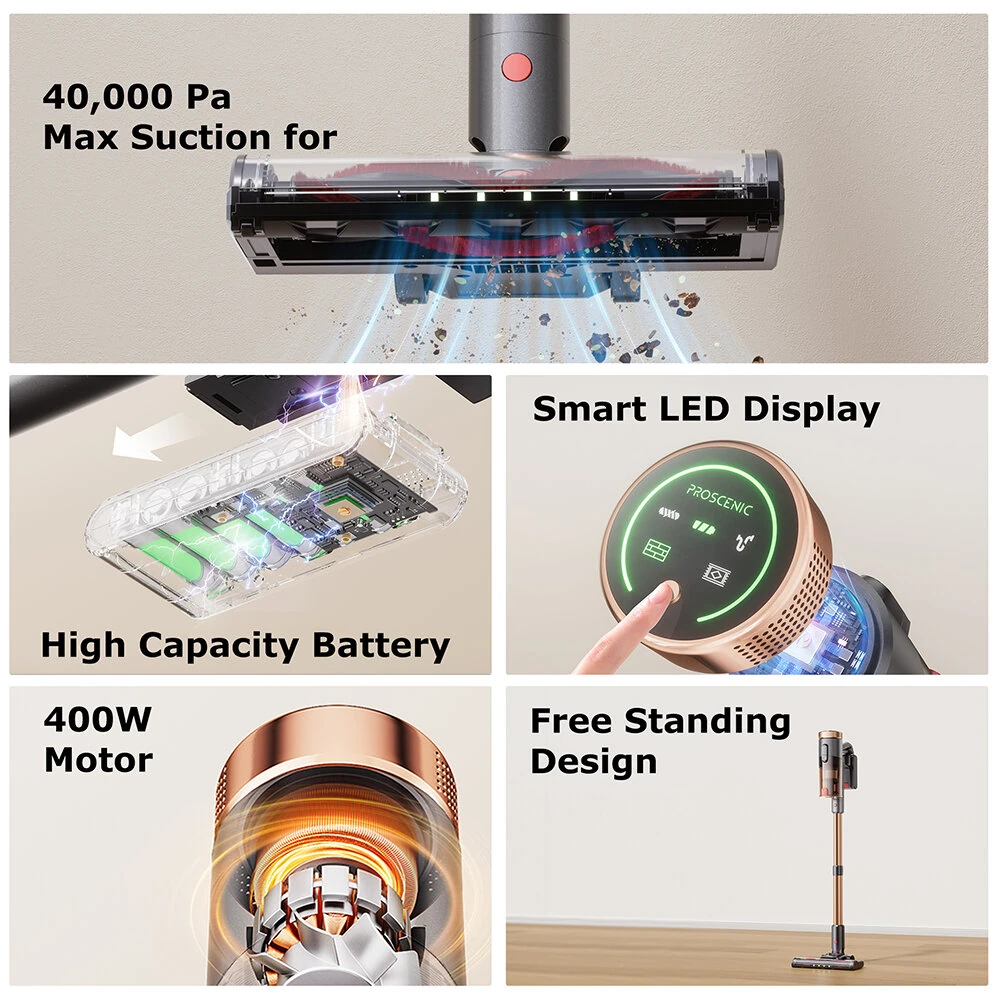 [EU Direct]Proscenic P11 Ultra Handheld Vacuum Cleaner 40kPa Cordless Vacuum Cleaner Smart LED Display High Capacity Battery Free Standing Design Green Light Detection One-Touch Dust Emptying