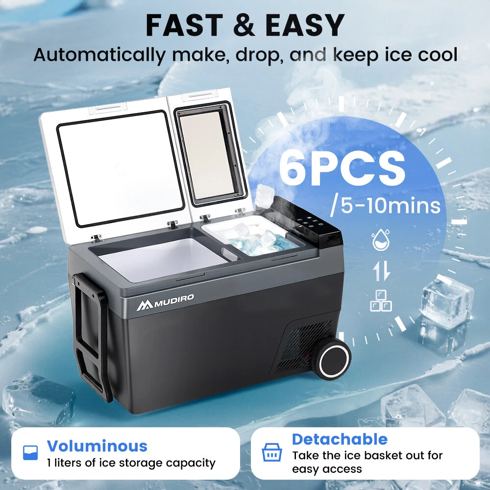 MUDIRO 45L Car Fridge with ICE Maker Freezer Fast Cooling Car Refrigerator Quick Ice Making Mobile Refrigeration System Energy Saving with LED Lighting