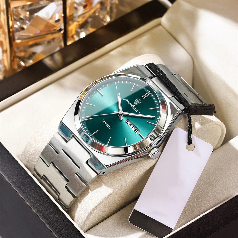 POEDAGAR Luxury Men Quartz Watch Waterproof Luminous Sport Watches Date Week Stainless Steel Male Wristwatch