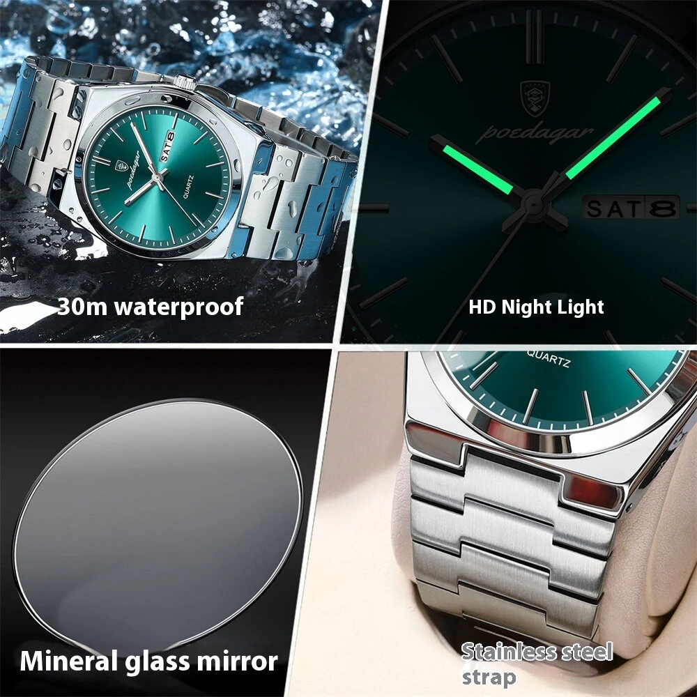 POEDAGAR Luxury Men Quartz Watch Waterproof Luminous Sport Watches Date Week Stainless Steel Male Wristwatch