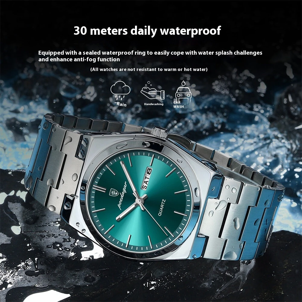 POEDAGAR Luxury Men Quartz Watch Waterproof Luminous Sport Watches Date Week Stainless Steel Male Wristwatch