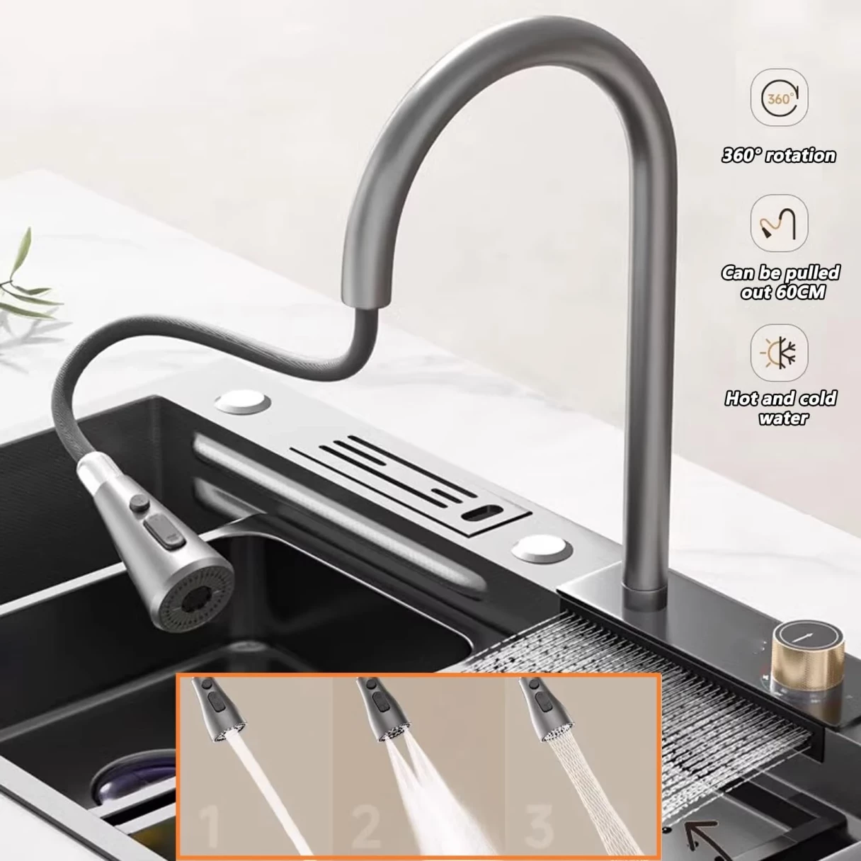 Professional Kitchen Sink Nano Waterfall Sink Pull-Out Tap Stainless Steel Sink with Mounting Holes Single Bowl Draining Board