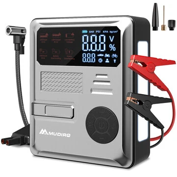 MUDIRO 6000A Car Jump Starter with Air Compressor 150PSI PD30W Fast Charge 2 LED Lights Smart Display for Cars Motorcycles 10L Diesel Engines