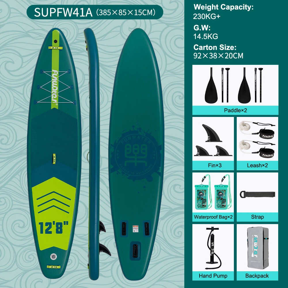 [EU Direct] FunWater 385X85X15CM Inflatable Stand Up Paddle Board Surfboard Complete Paddleboard Accessories Adjustable Paddle, Pump, ISUP Travel Backpack, Leash, Waterproof Bag, Adult Paddle Board SUPFW41A,SUPFW41B