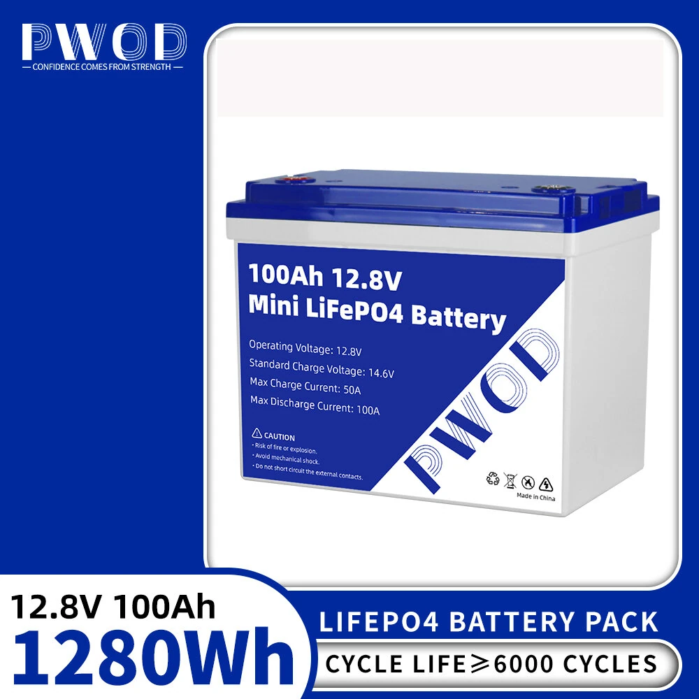 PWOD 12.8V 100Ah 1280Wh Mini LiFePO4 Battery Pack Grade A Build-in BMS Lithium Iron Phosphate For RV EV Solar Camping