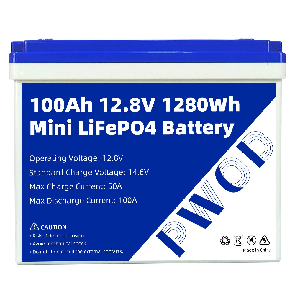 PWOD 12.8V 100Ah 1280Wh Mini LiFePO4 Battery Pack Grade A Build-in BMS Lithium Iron Phosphate For RV EV Solar Camping