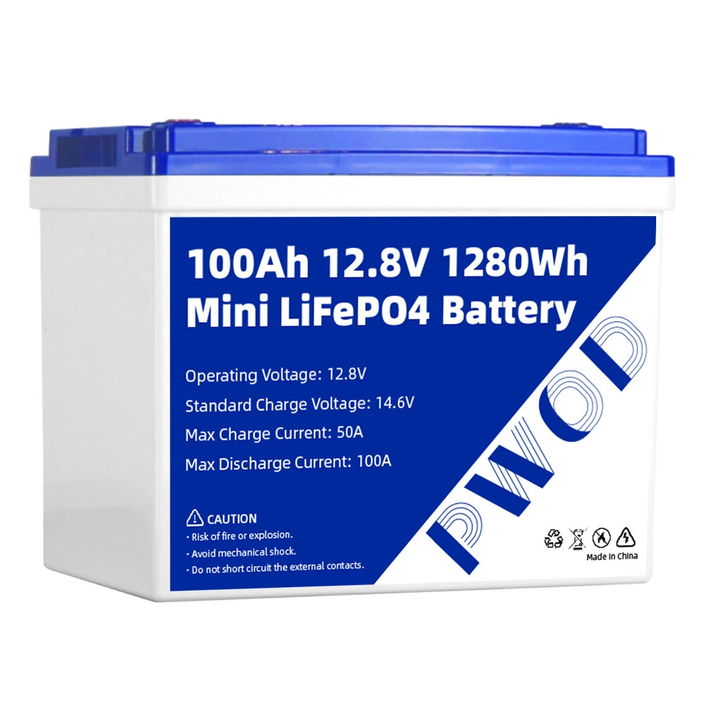 PWOD 12.8V 100Ah 1280Wh Mini LiFePO4 Battery Pack Grade A Build-in BMS Lithium Iron Phosphate For RV EV Solar Camping