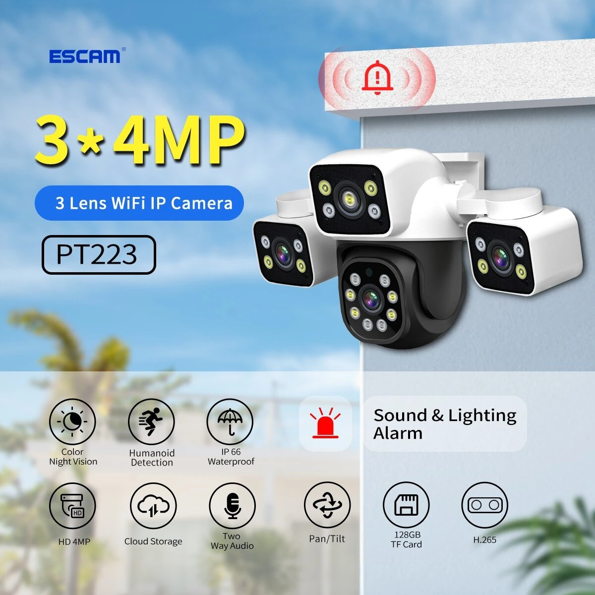 ESCAM PT223 3*4MP Three-Lens Camera Three-Screen PTZ Monitoring Sound And Light Alarm Two-Way Voice Cloud Storage Human Detection WiFi Camera