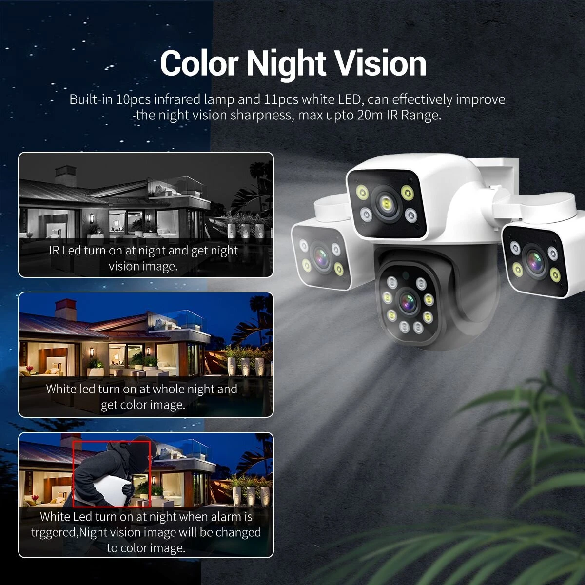 ESCAM PT223 3*4MP Three-Lens Camera Three-Screen PTZ Monitoring Sound And Light Alarm Two-Way Voice Cloud Storage Human Detection WiFi Camera