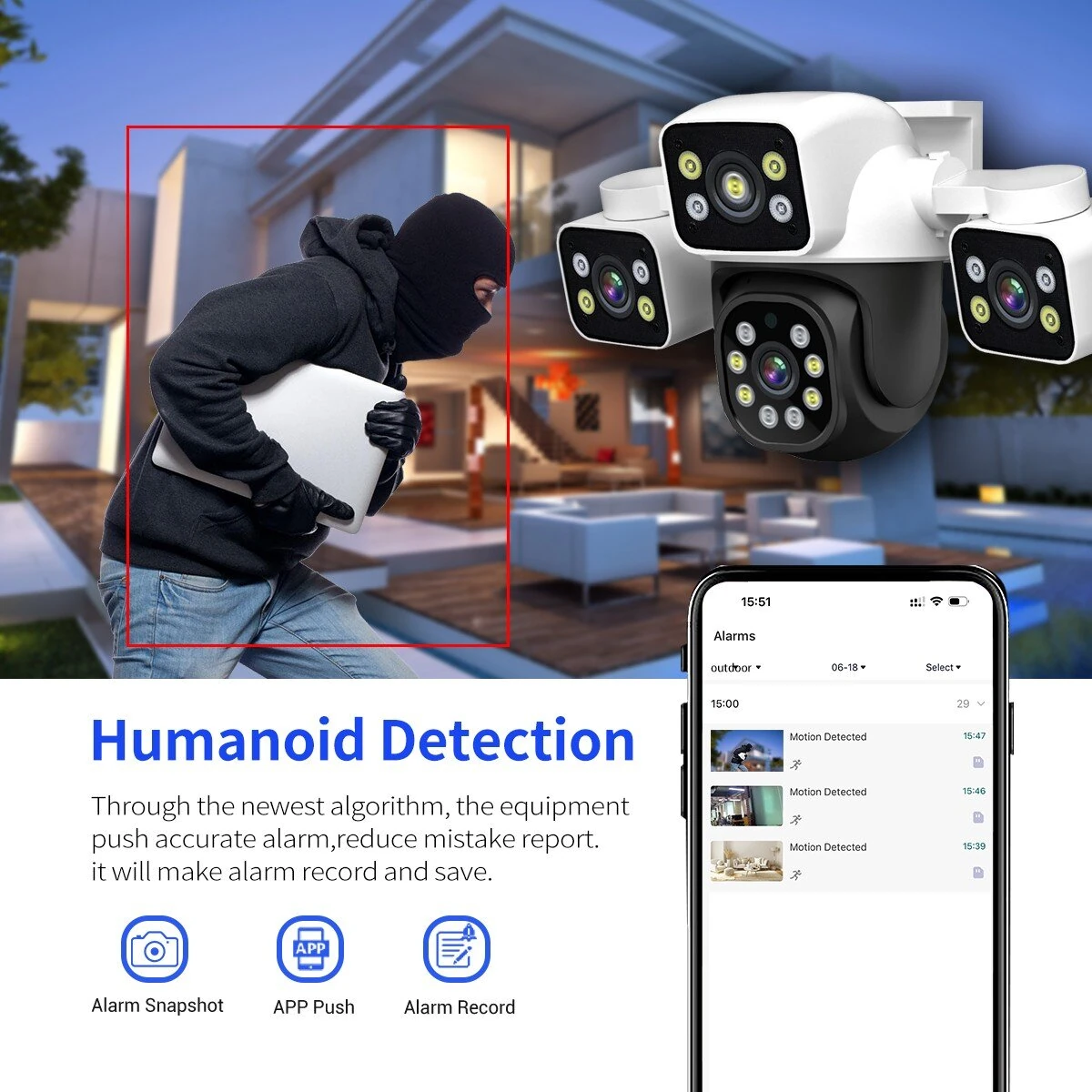 ESCAM PT223 3*4MP Three-Lens Camera Three-Screen PTZ Monitoring Sound And Light Alarm Two-Way Voice Cloud Storage Human Detection WiFi Camera