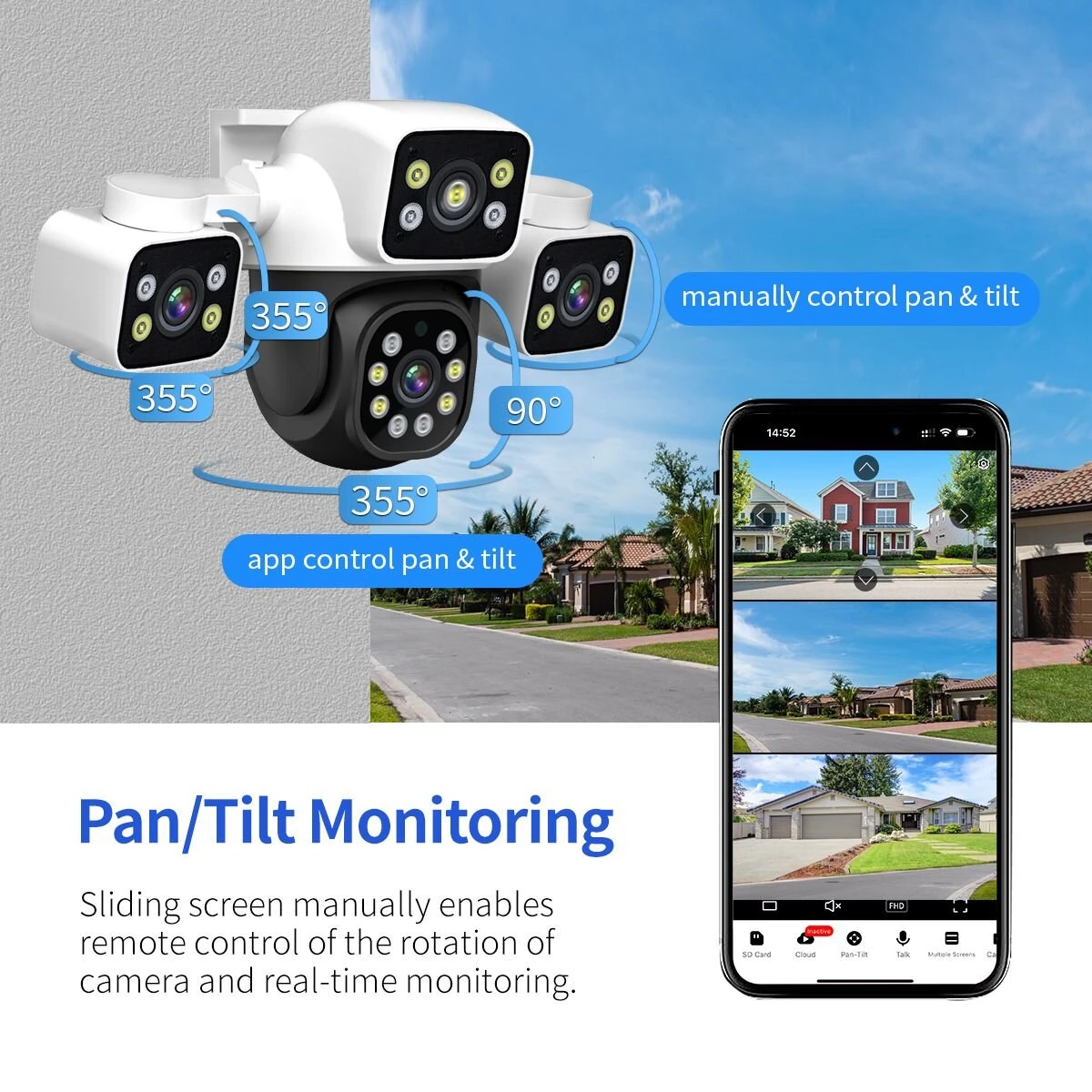 ESCAM PT223 3*4MP Three-Lens Camera Three-Screen PTZ Monitoring Sound And Light Alarm Two-Way Voice Cloud Storage Human Detection WiFi Camera