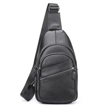 Ekphero Men Genuine Leather Chest Pack Casual Sport Sling Shoulder Backpack Fashion Crossbody Bags Black Travel Chest Bag