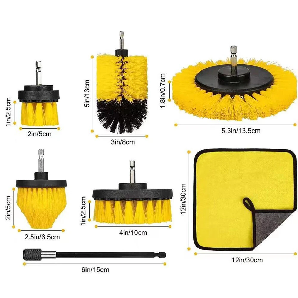 7PCS Set of Drill Brush Cleaning Set Multiple Sizes Nylon Bristles Attachments Extension Rod Compatible with All Most Electric Drill Multi Surface Cleaning Bathroom Kitchen Car Garden