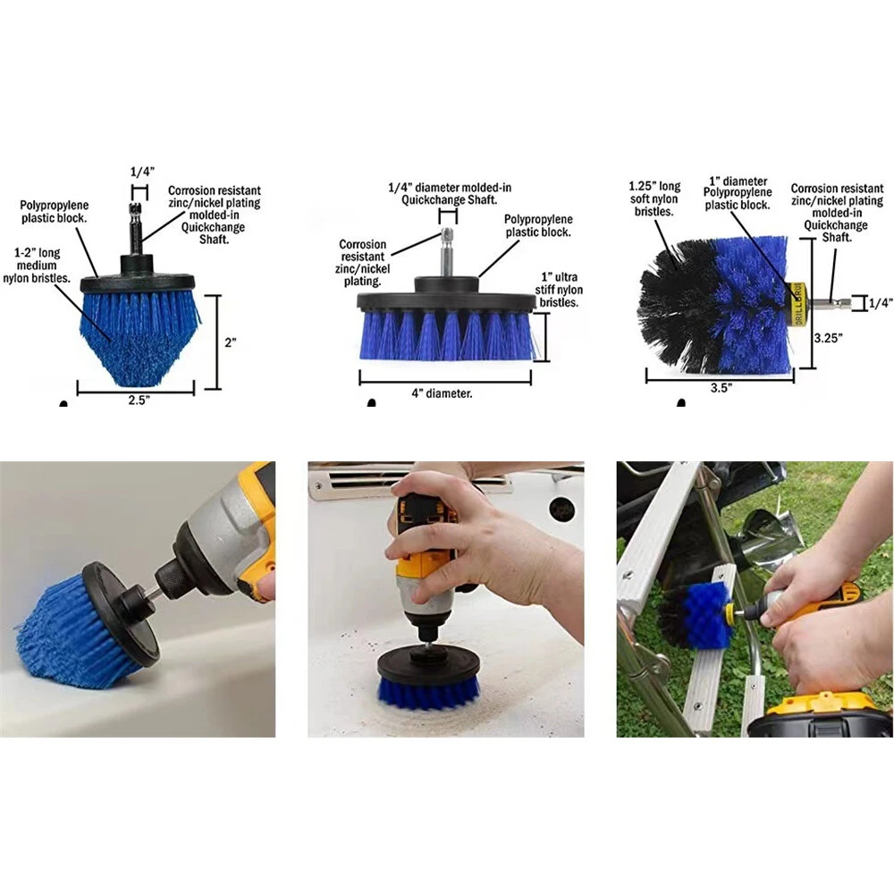 7PCS Set of Drill Brush Cleaning Set Multiple Sizes Nylon Bristles Attachments Extension Rod Compatible with All Most Electric Drill Multi Surface Cleaning Bathroom Kitchen Car Garden