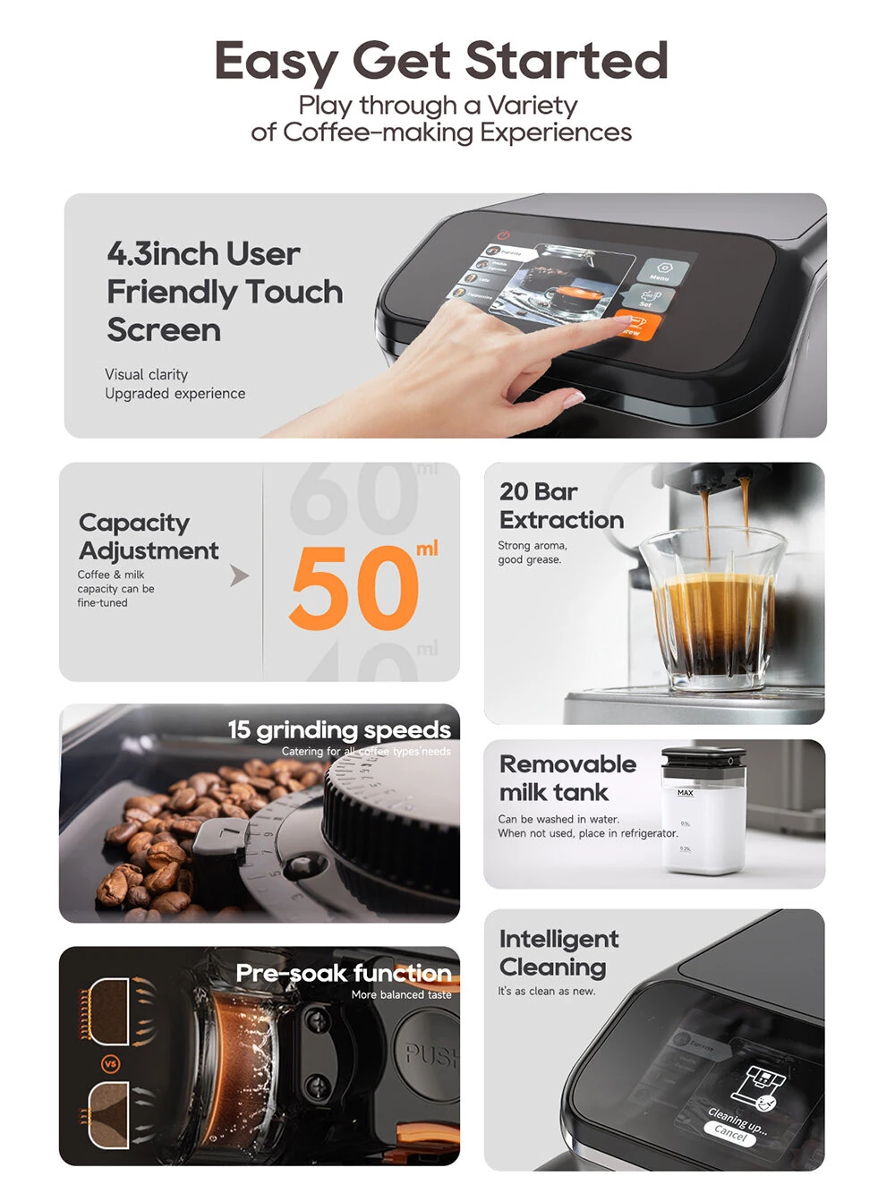 [EU Direct] HiBREW H16 Fully Automatic Espresso Machine Cappuccino Milk System 6 Coffee Varieties Intuitive Touch Display With Grinder