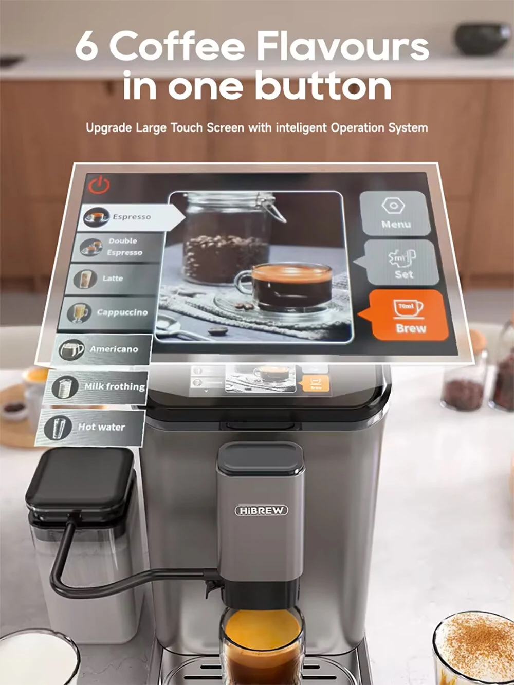 [EU Direct] HiBREW H16 Fully Automatic Espresso Machine Cappuccino Milk System 6 Coffee Varieties Intuitive Touch Display With Grinder