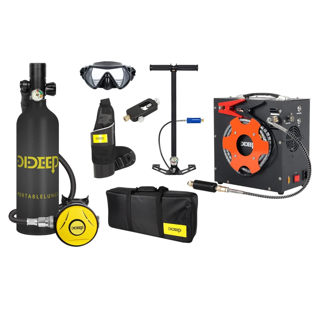 [EU Direct] DIDEEP 1L Scuba Diving Gear Cylinder Oxygen Tank Professional Buceo Diving Equipment Scuba Kit Snorkeling Set With Water Pump Diving Glasses Storage Bag Automatic Air Compressor Optional