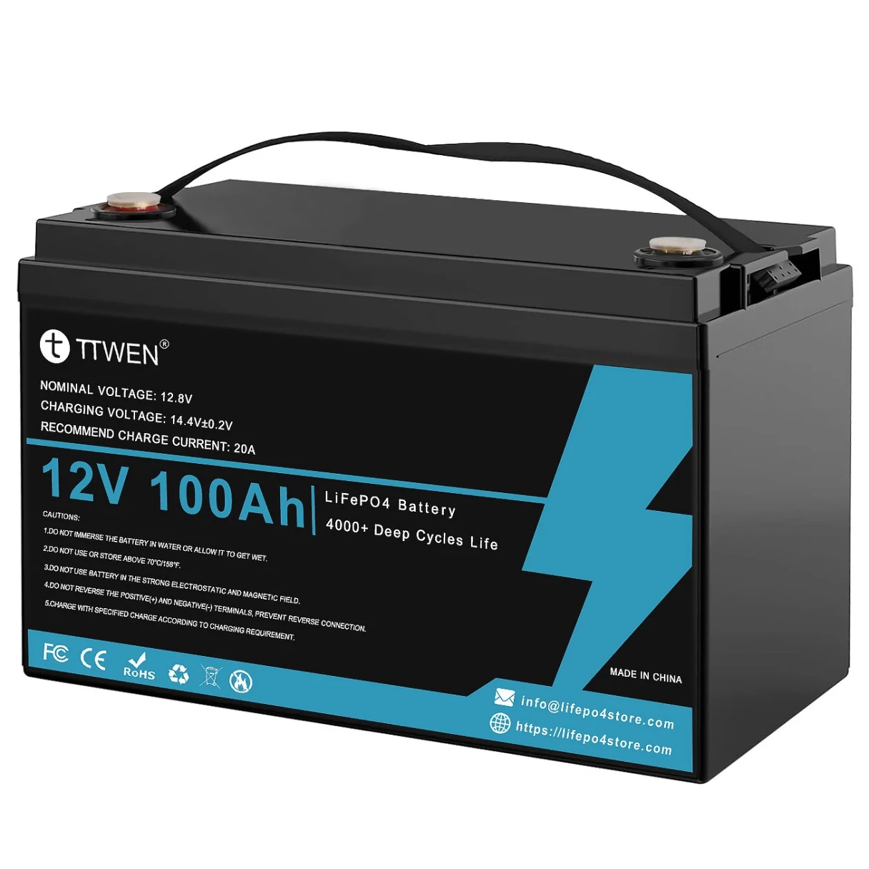 [EU Direct] TTWEN 12V 100Ah Bluetooth Lifepo4 Battery Pack with 100A BMS Temperature Protection 4000+ Times Deep Cycles 1280Wh Lithium Battery Support in Series Parallel for RV, Solar System, Boat, Household, Solar Panel Kit, Camping