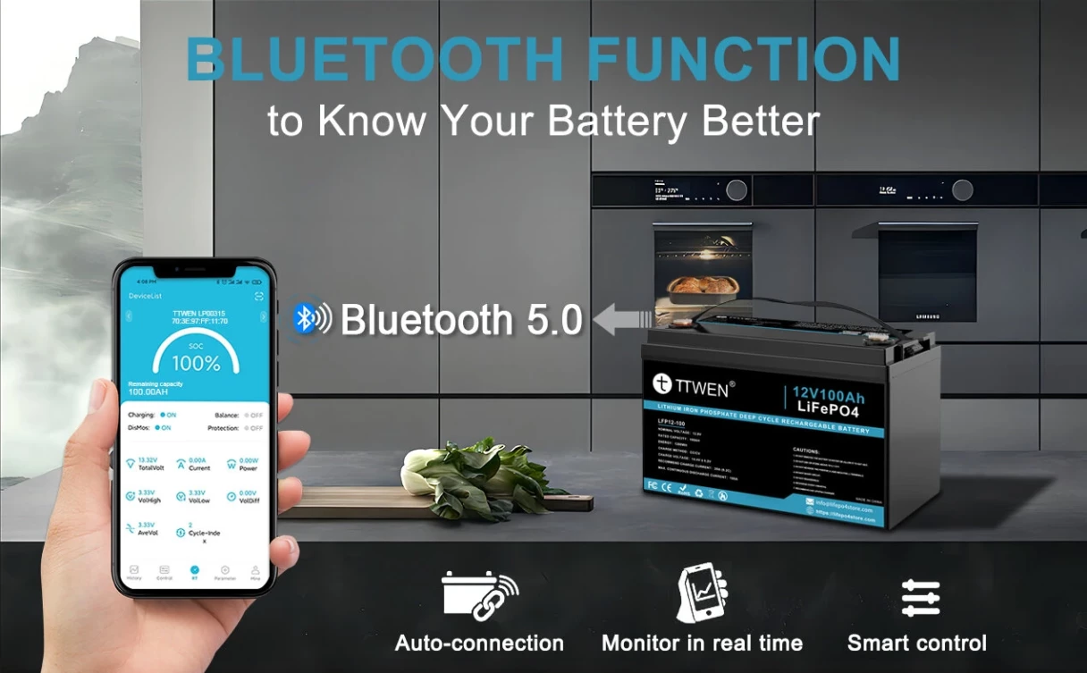[EU Direct] TTWEN 12V 100Ah Bluetooth Lifepo4 Battery Pack with 100A BMS Temperature Protection 4000+ Times Deep Cycles 1280Wh Lithium Battery Support in Series Parallel for RV, Solar System, Boat, Household, Solar Panel Kit, Camping