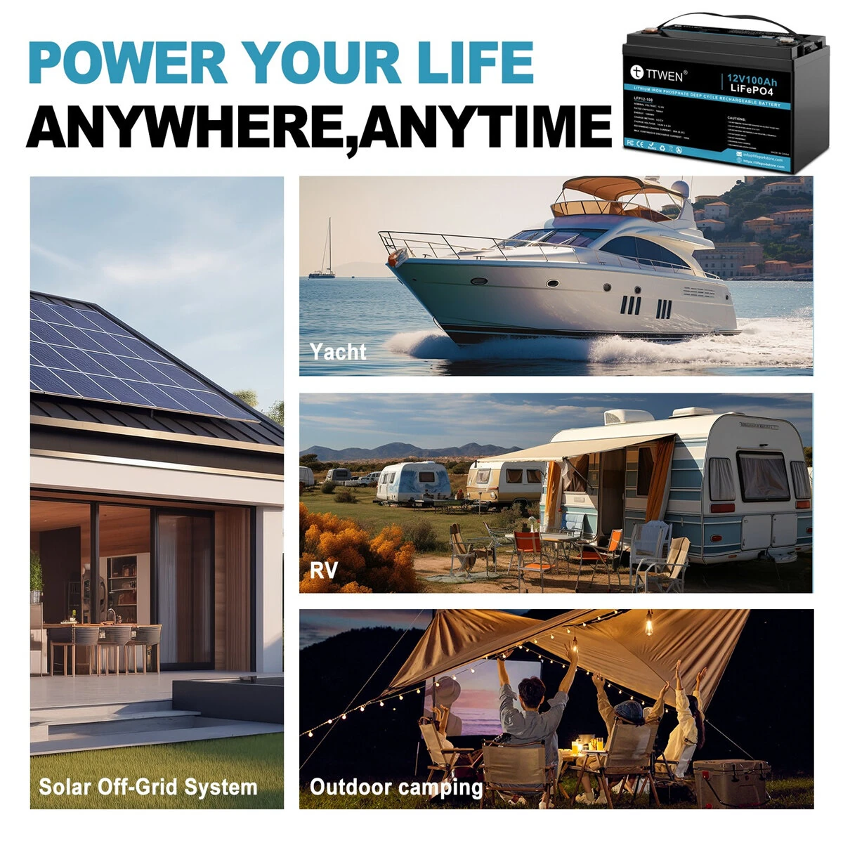 [EU Direct] TTWEN 12V 100Ah Bluetooth Lifepo4 Battery Pack with 100A BMS Temperature Protection 4000+ Times Deep Cycles 1280Wh Lithium Battery Support in Series Parallel for RV, Solar System, Boat, Household, Solar Panel Kit, Camping
