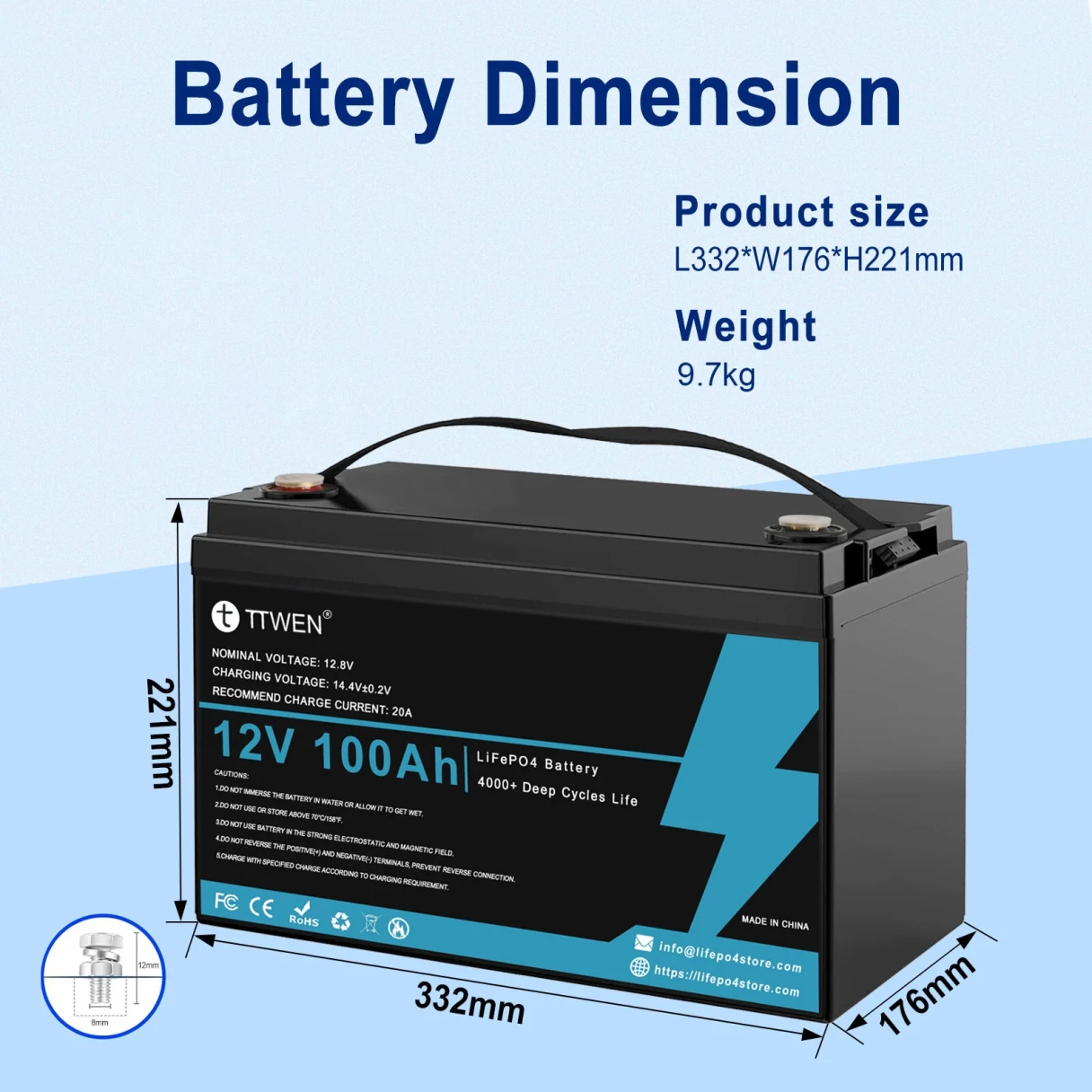 [EU Direct] TTWEN 12V 100Ah Bluetooth Lifepo4 Battery Pack with 100A BMS Temperature Protection 4000+ Times Deep Cycles 1280Wh Lithium Battery Support in Series Parallel for RV, Solar System, Boat, Household, Solar Panel Kit, Camping