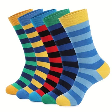 5 Pairs Men's Colorful Striped Funny Novelty Cotton Dress Socks, Cool Design Rich Funky Crew Socks for Men Comfy Breathable Long Socks