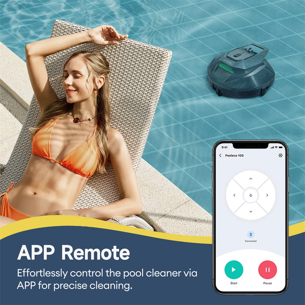[EU Direct]Ultenic Pooleco 10s Cordless Robotic Pool Cleaner with APP/Remote Control, 3-Motor Suction, 90Mins Runtime,5000mAh, Auto Self-Parking, 2.5h Fast Charging, Cleans Up to 850 Sq.ft, Ideal for Above/In-Ground Pools