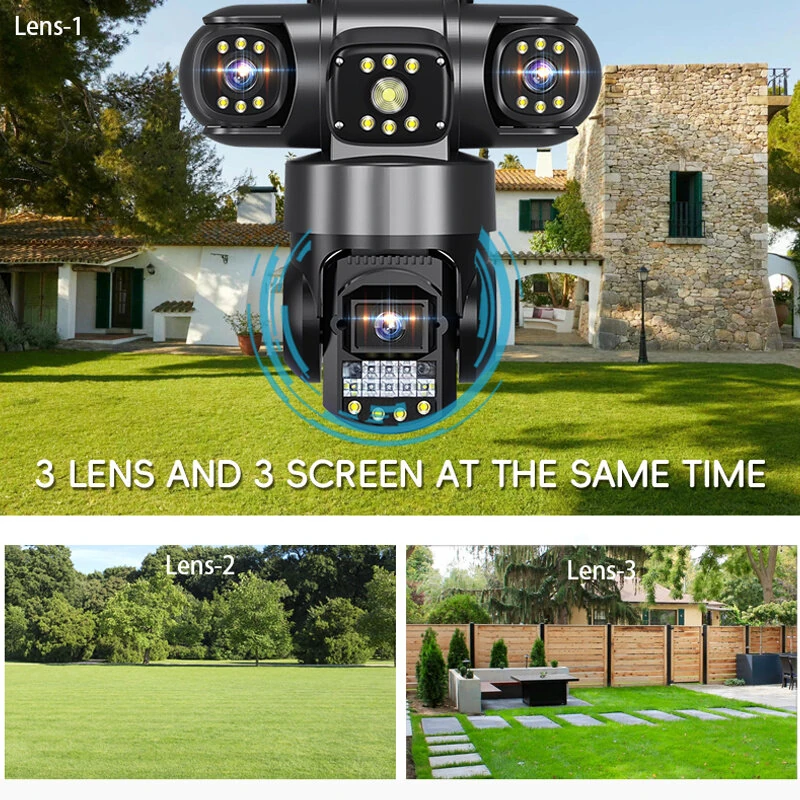 Three-lens 6MP WiFi PTZ Camera Intelligent Wireless Night Vision Motion Recognition Two-way Audio Real-time Monitoring Cameras for Outdoors Security Surveillance
