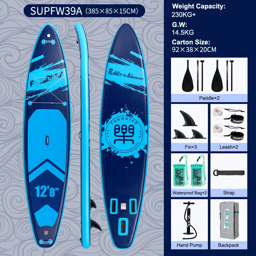 [EU Direct] FunWater 385X85X15CM Inflatable Stand Up Paddle Board SUP Surfboard Complete Paddleboard Accessories Adjustable Paddle, Pump, Travel Backpack, Leash, Waterproof Bag, Adult Paddle Board SUPFW39A,SUPFW39B,SUPFW39C