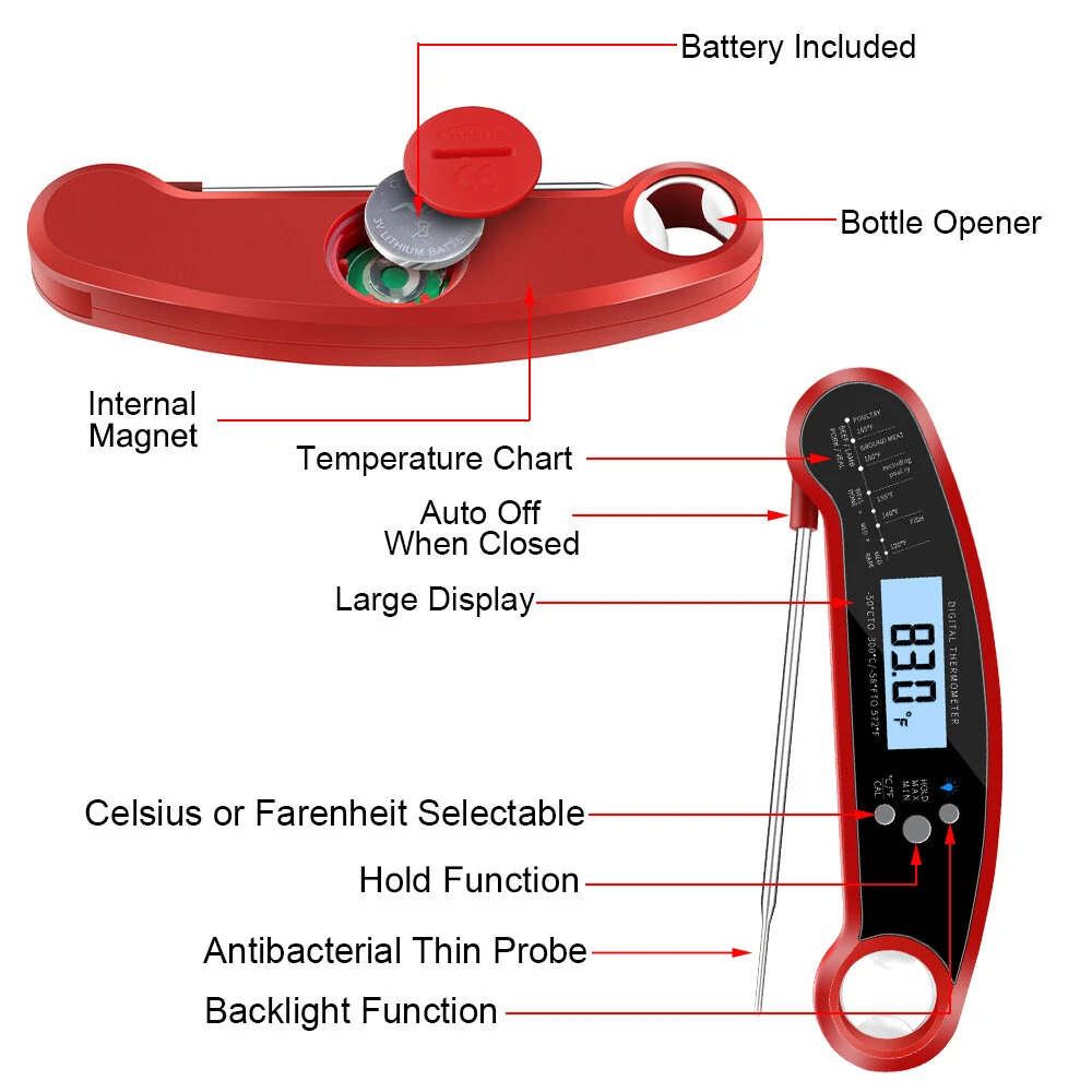 AGSIVO Fast Instant Read Digital Food Meat Thermometer Waterproof For BBQ Kitchen Cooking Grilling